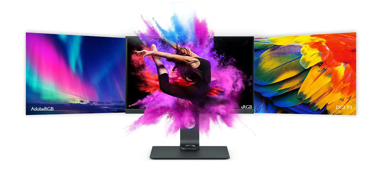 There are three colorful monitors that come with sRGB, AdobeRGB and DCI-P3 and meet industry standards of color gamuts.