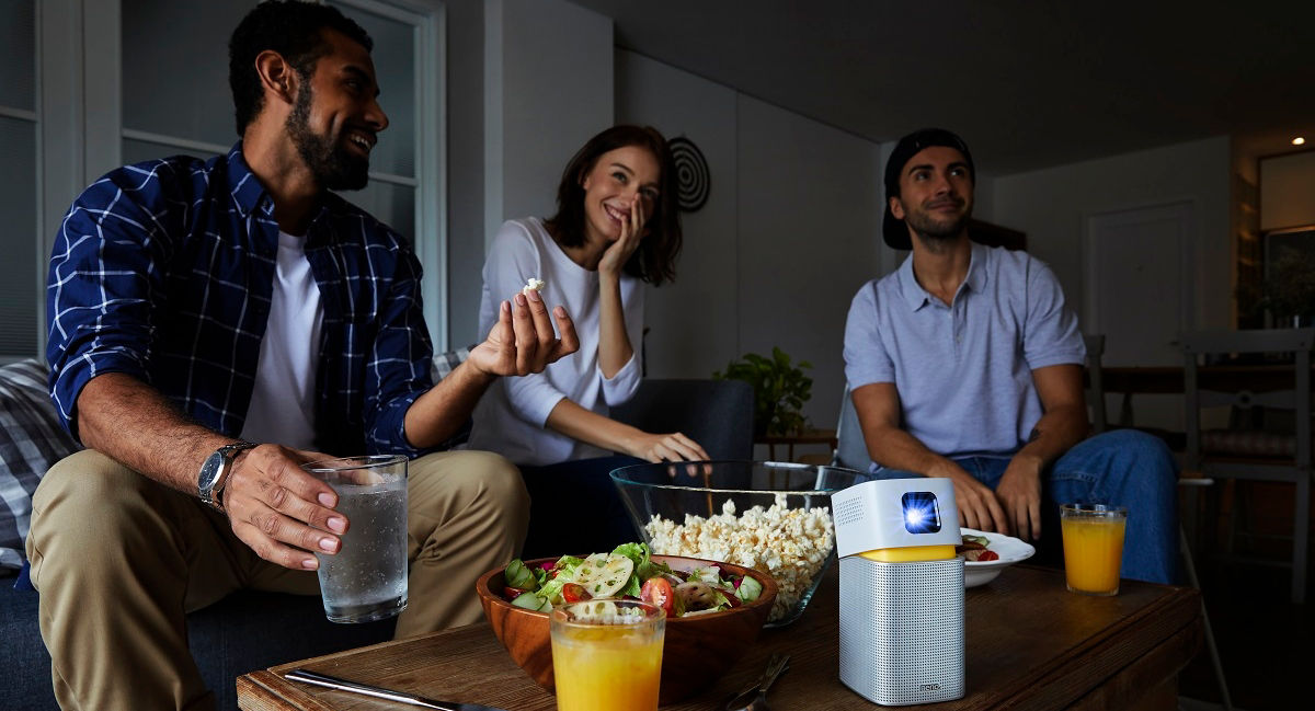 A portable projector in the dorm room to create a wireless home theater in college