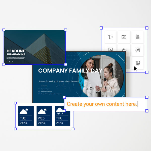 A graphic showing the X-Sign Designer interface with interactive multimedia templates and Office file support for easy digital signage content creation.