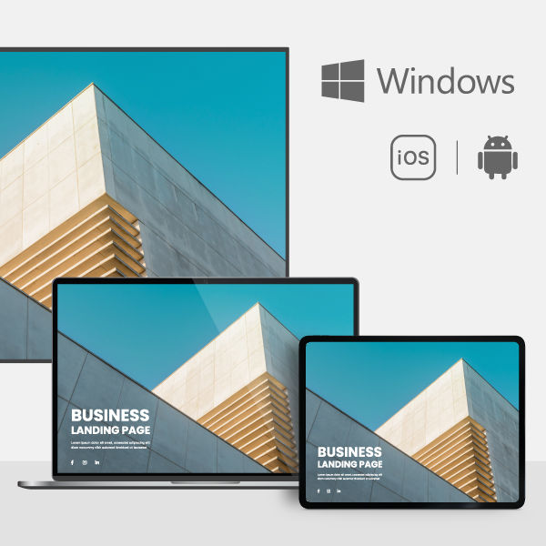 A cross-platform comparison showing X-Sign Player compatibility across Windows, iOS, and Android devices for seamless LAN or USB content delivery.