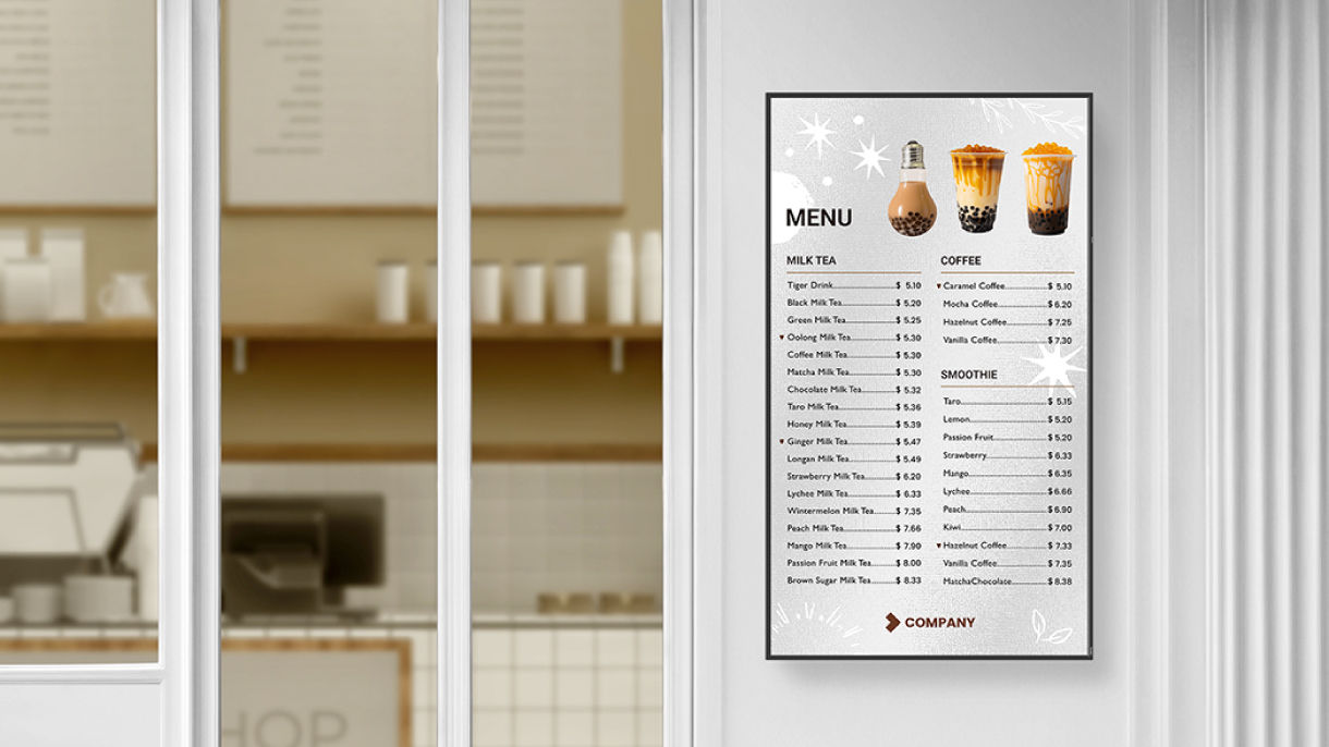 Interactive BenQ signage in a premium restaurant lobby displaying touch-enabled digital menus and daily promotions to enhance the guest dining experience.