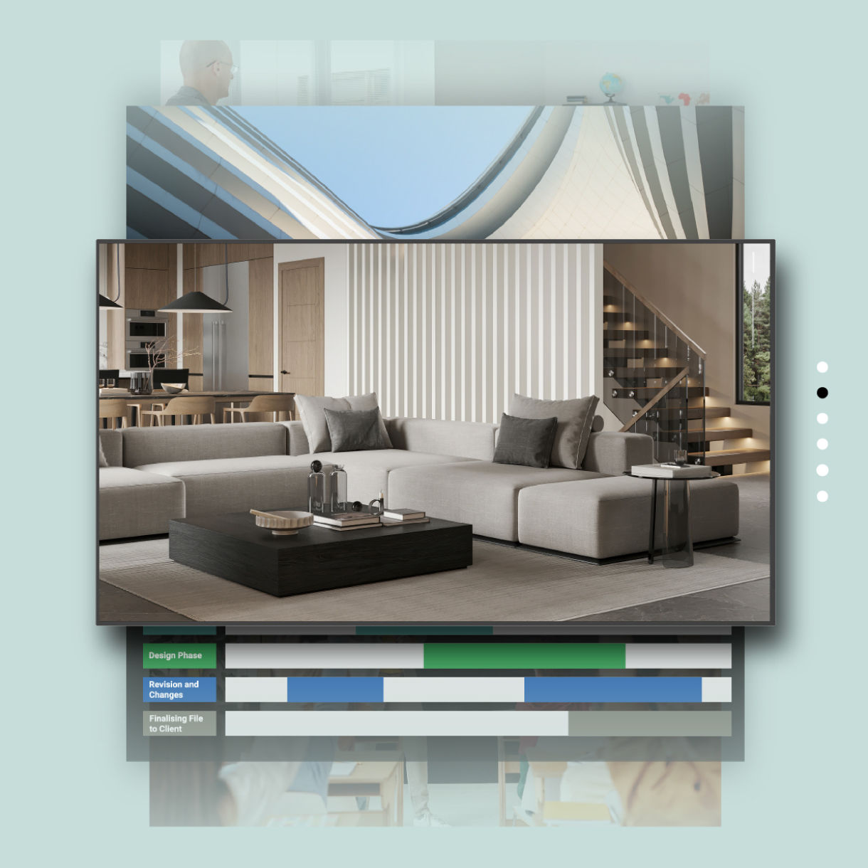 A slideshow of architectural and interior design photos displayed on a BenQ signage screen, demonstrating the ability to turn local media into playable content.