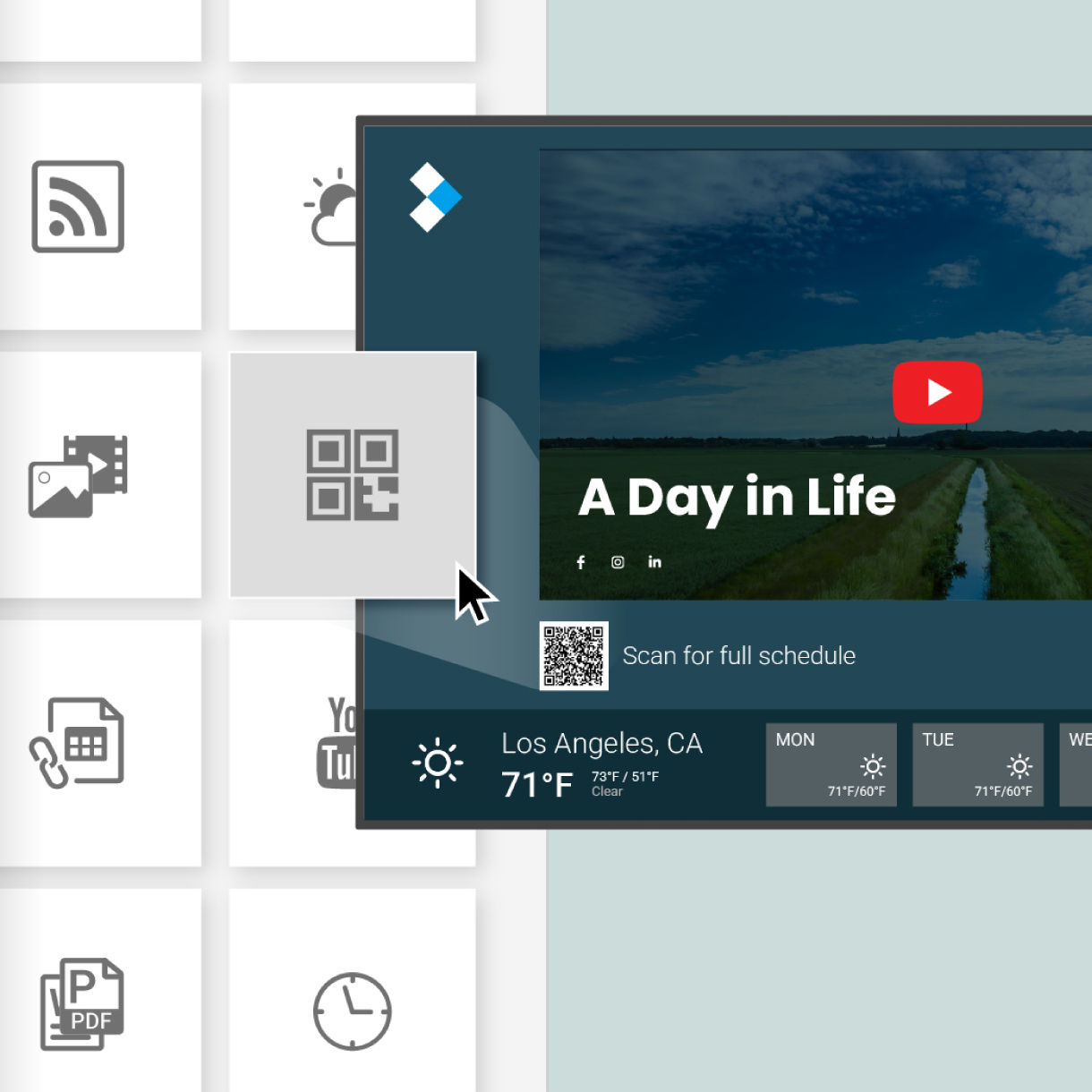 Adding a QR code and a YouTube video to a BenQ digital signage layout to create dynamic, multimedia-rich content that enhances customer engagement.