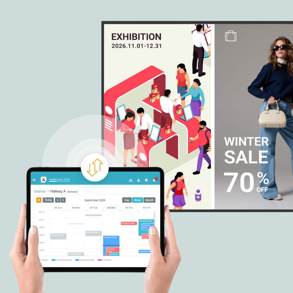 A person holding a tablet to remotely sync and schedule an exhibition advertisement to a BenQ digital signage display via a cloud-based management dashboard.