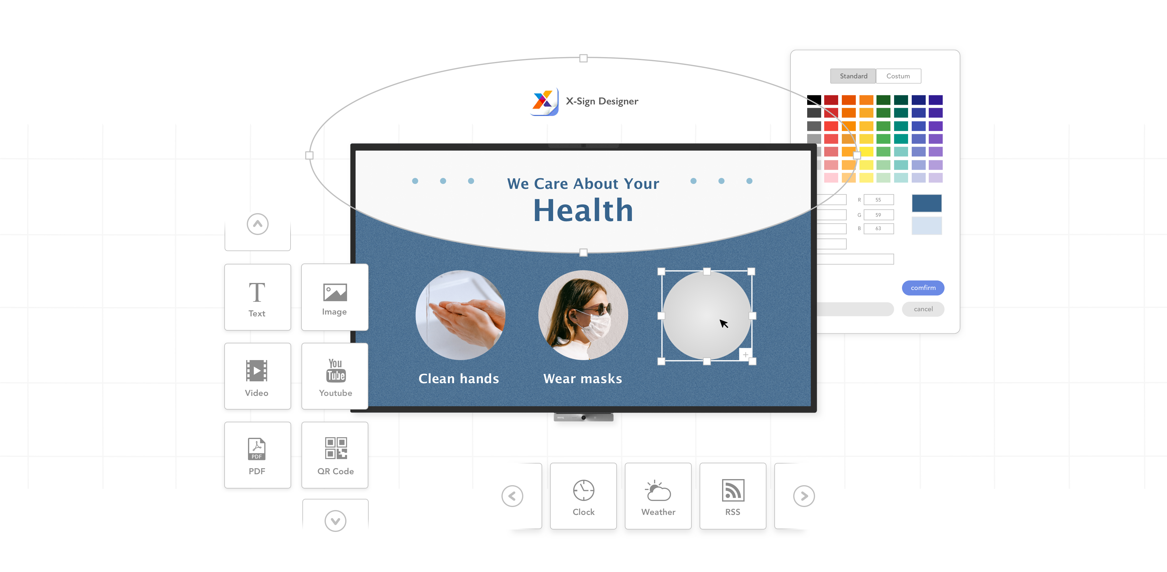 BenQ X-sign Profesionální tvorba obsahu Díky rozmanitým přizpůsobitelným šablonám mohou vaši zaměstnanci okamžitě vytvářet profesionální obsah bez pomoci designéra.