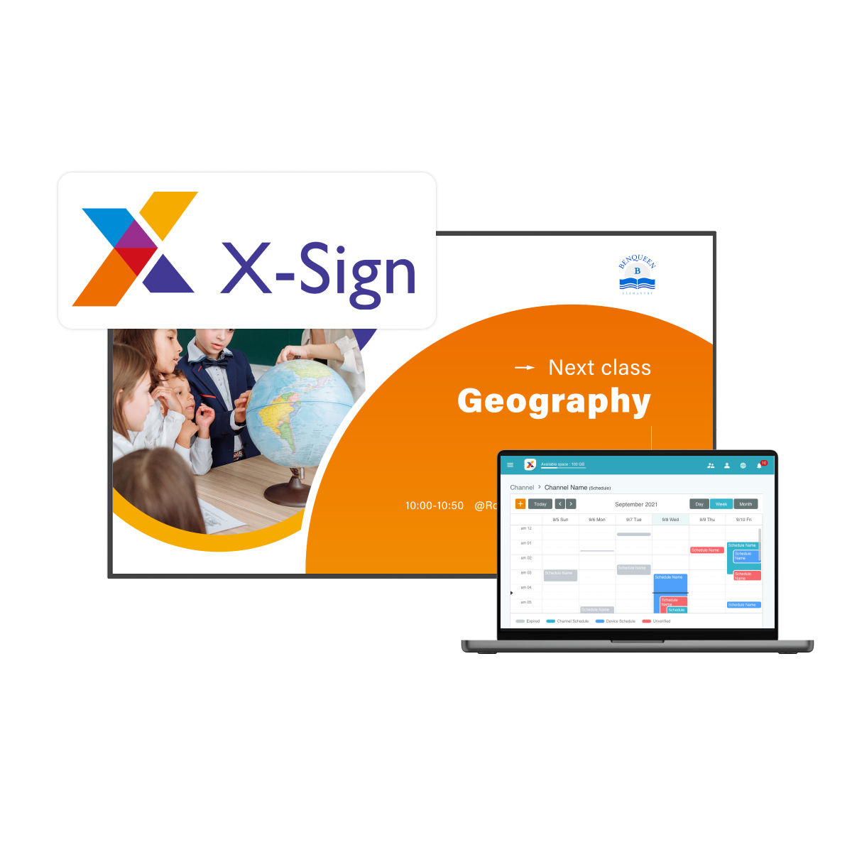 BenQ X-Sign digital signage software content on display and schedule on laptop