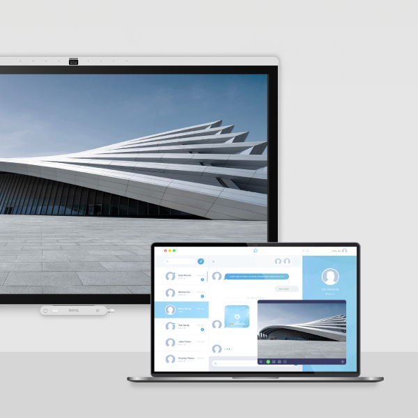 A laptop connected to a BenQ display showing selected window sharing to ensure only meeting-relevant content is visible, protecting presenter privacy.
